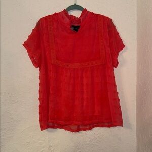 Orange Swiss-Dot Ruffle Yoke Blouse